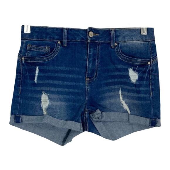 NWOT WAX JEAN Shorts S High Rise Denim Stretch Blue Cuffed Distressed Zip - Picture 1 of 6